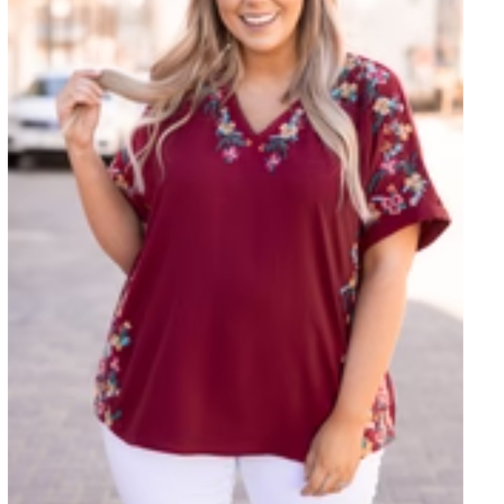 Savanna Jane embroidered burgundy top